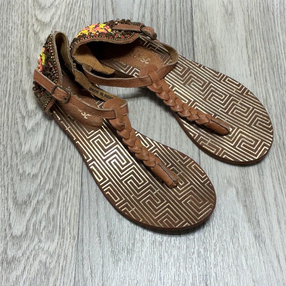 Matisse Brown Braided T-Strap Beaded Sandals